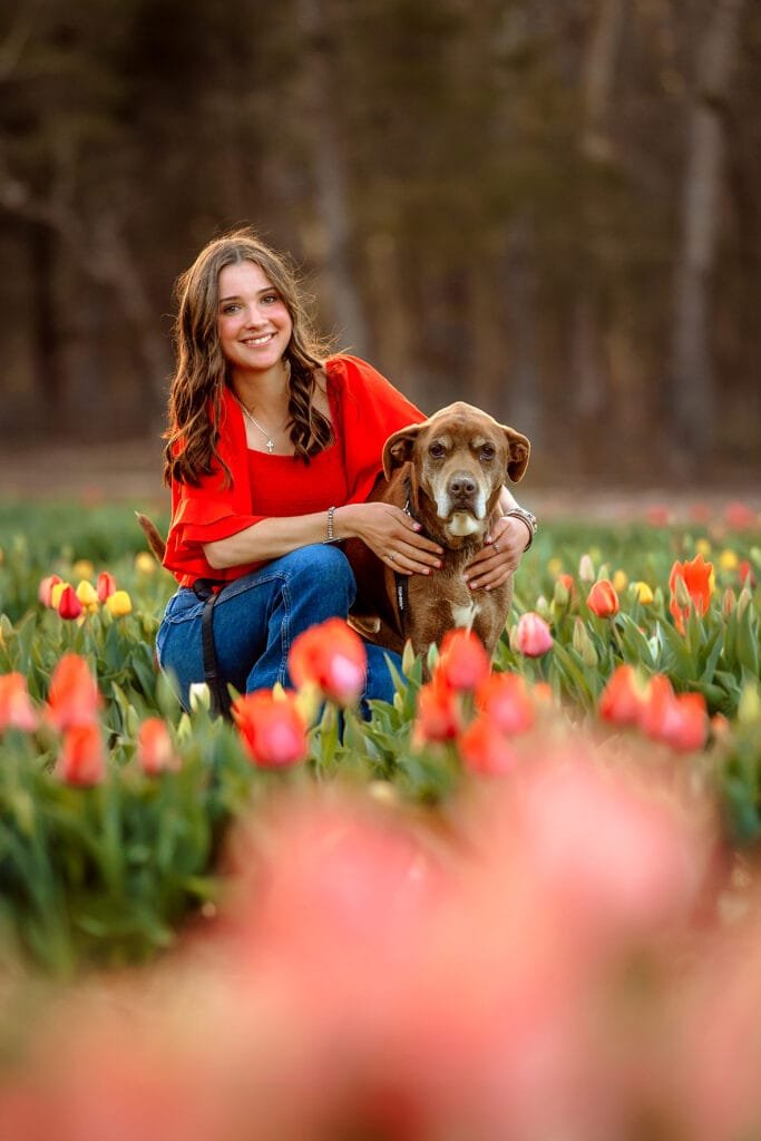 Senior photography with dog in a tulip field