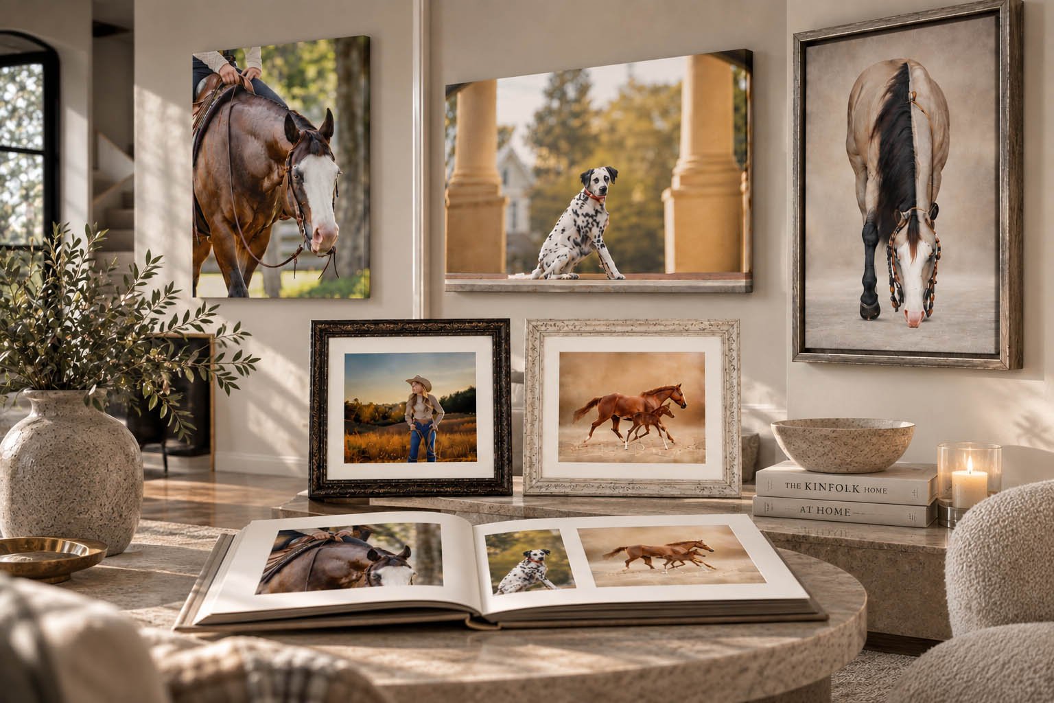 Elegant equine and dog photography product display featuring framed horse and Dog portraits, fine art prints, and a photo album showcasing professional horse and rider photography by Nicole Pols Photography.