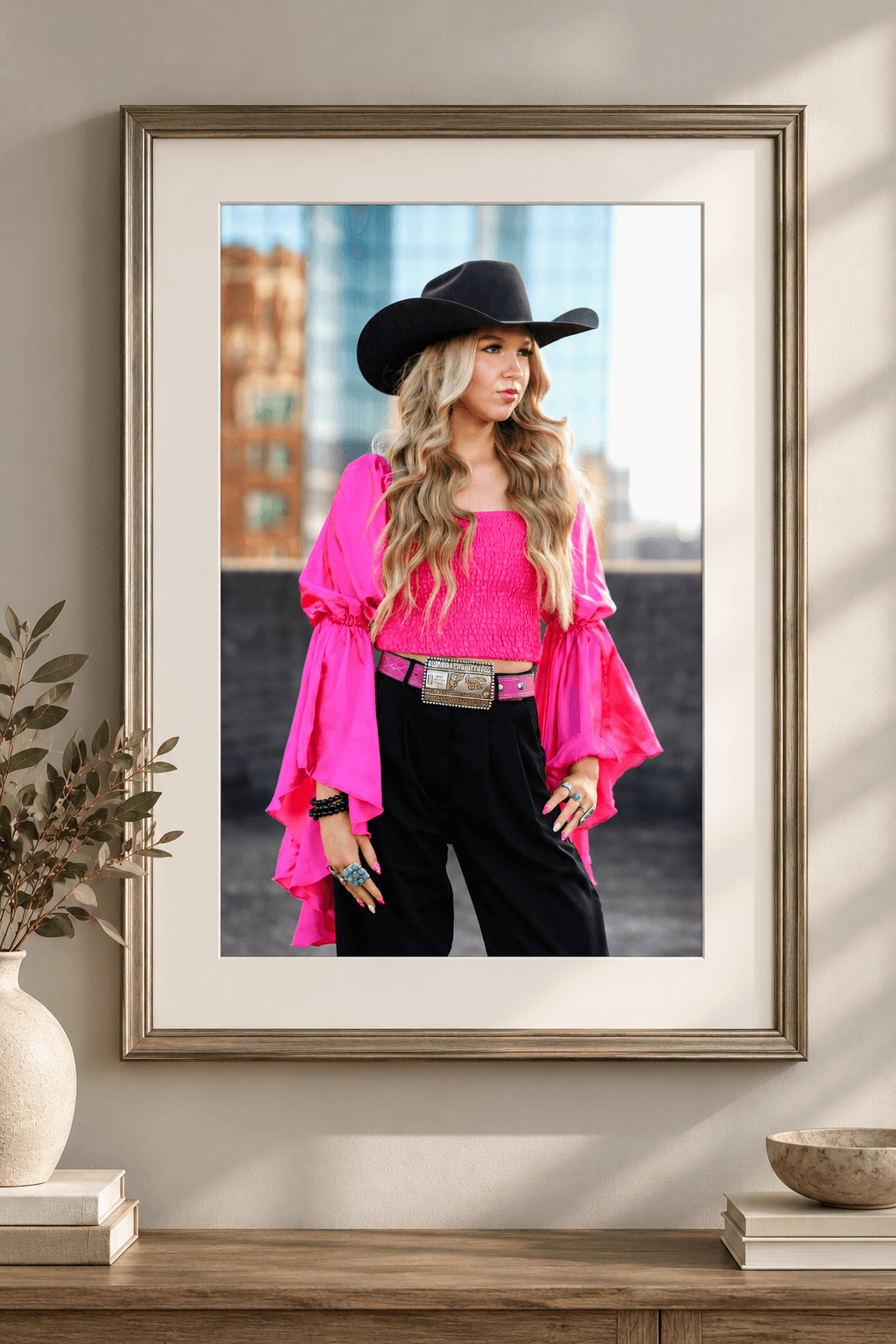 Horse and rider portrait displayed as finished wall art