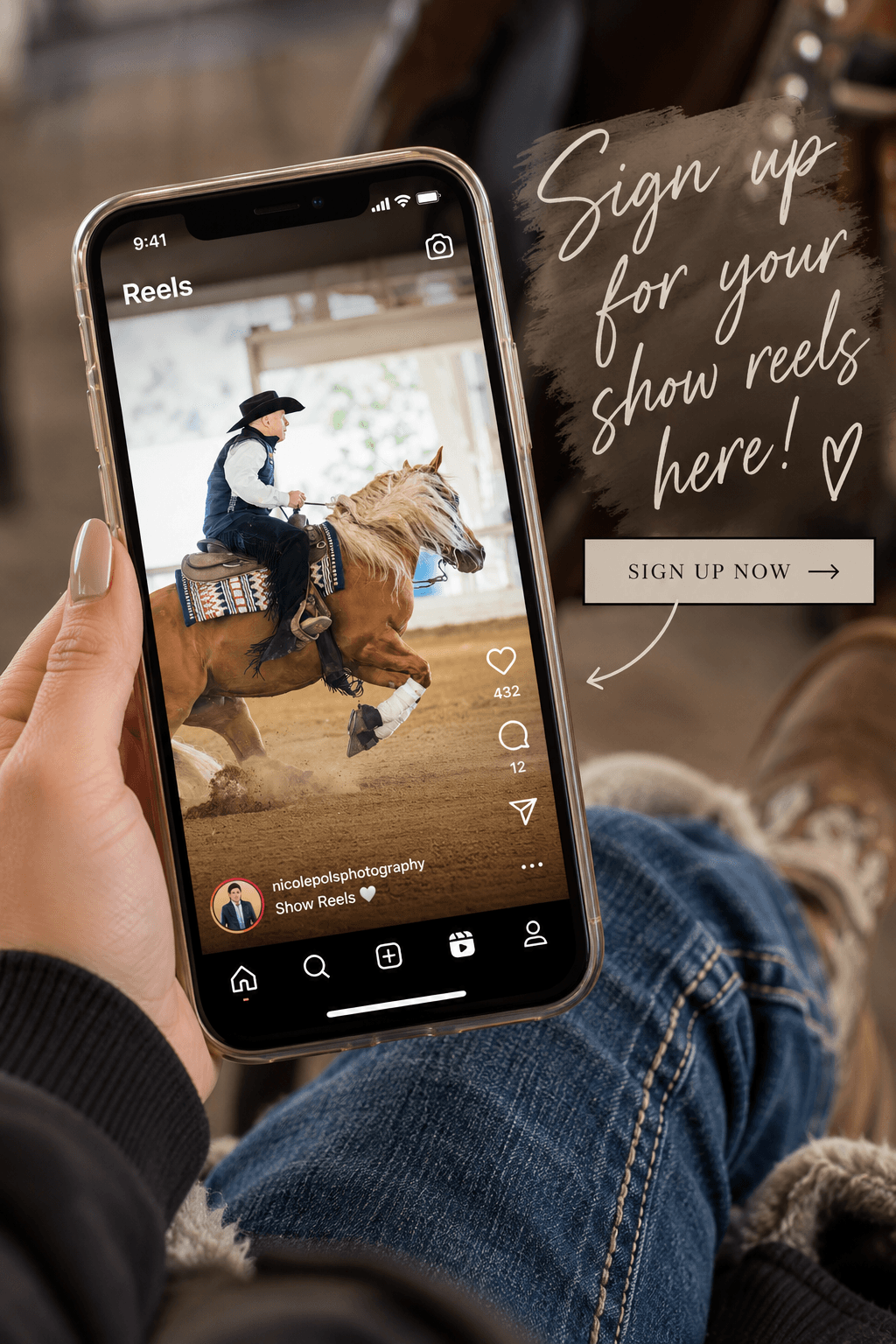A rider watching a show reel on a phone