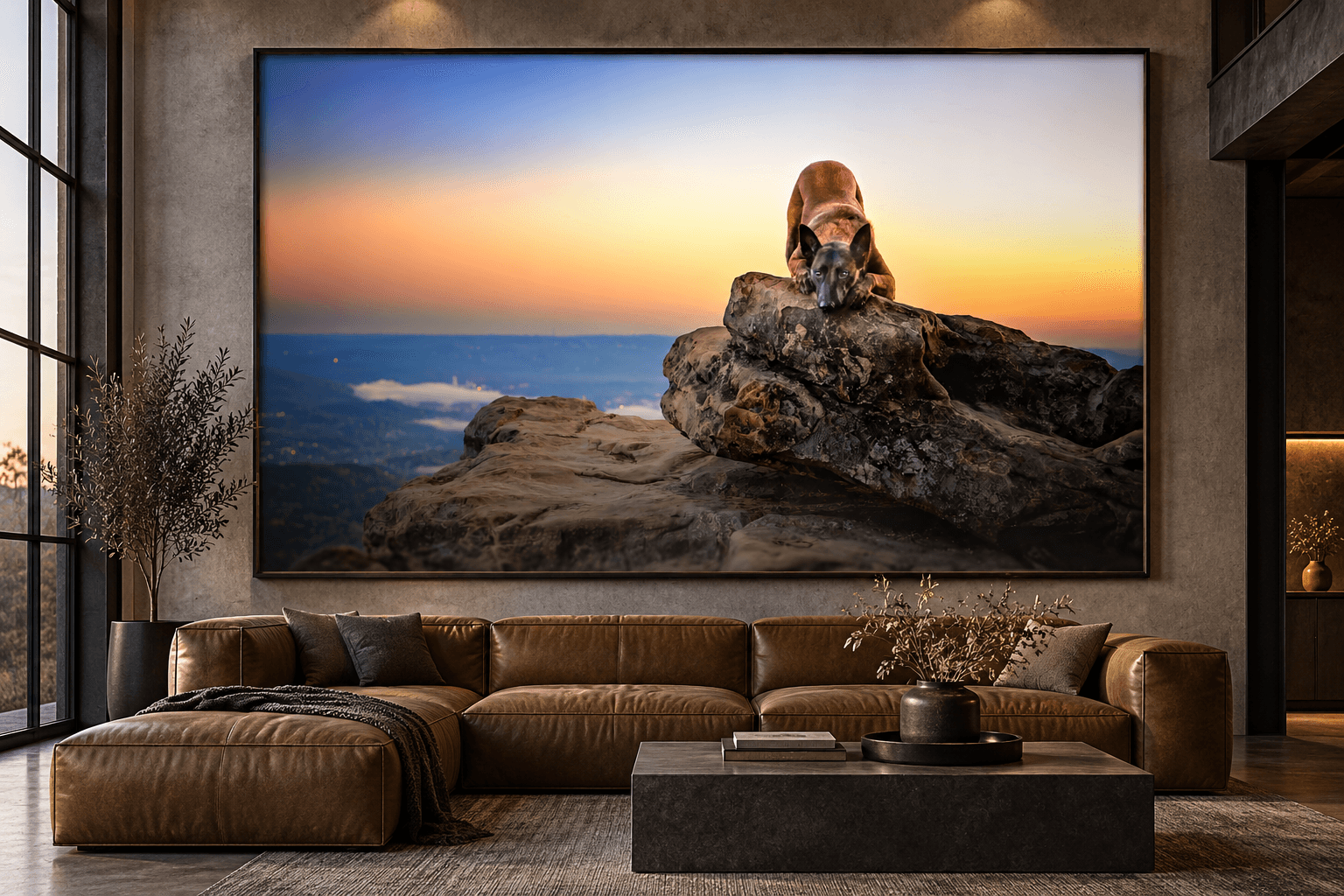 Dog photography displayed as framed wall art in a refined interior